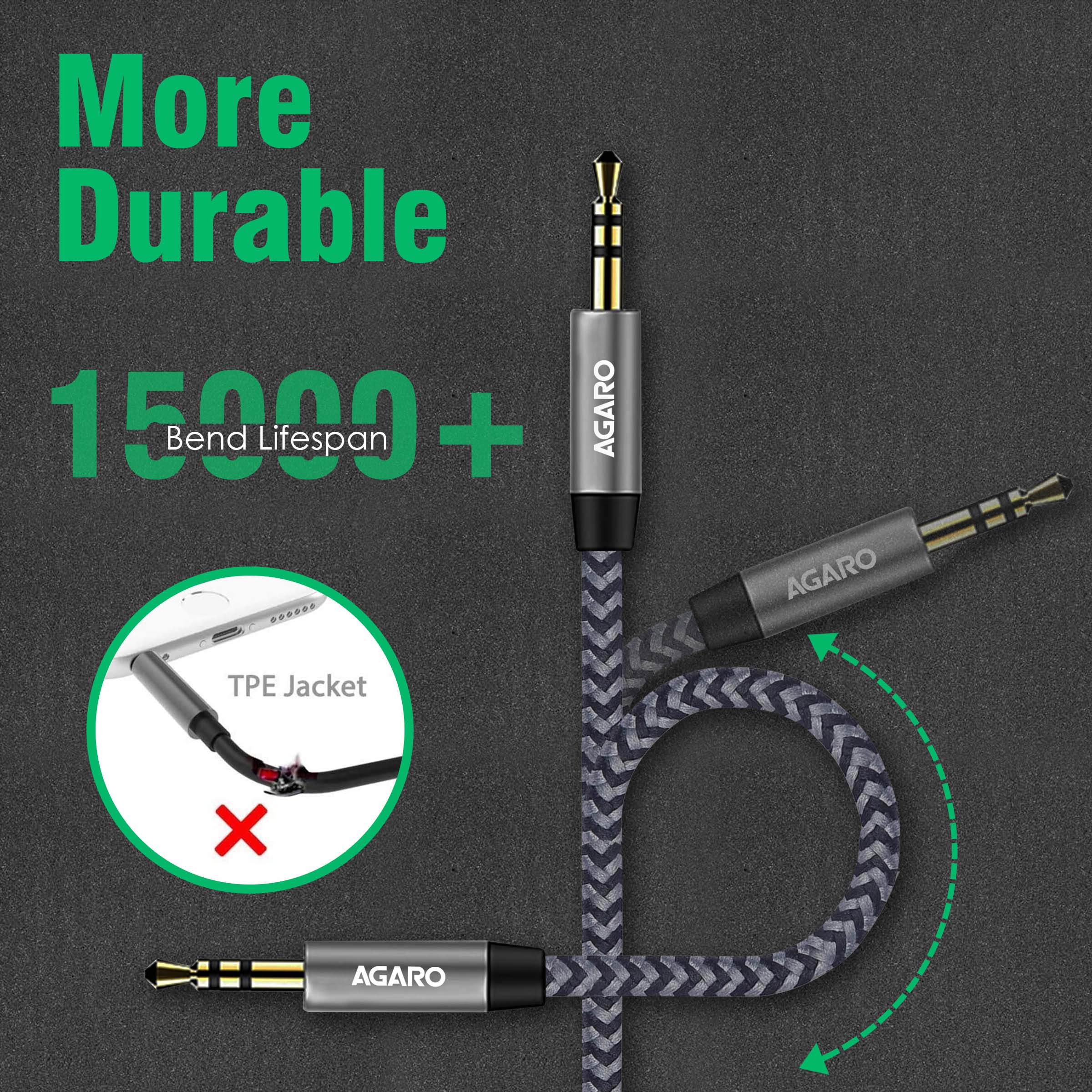 3.5mm Audio Cable Stereo Aux 90 Degree Right Angle Aux Cable 24K Gold Plated Male to Male Hi-Fi Sound for Car, Home Stereos, Speakers & More 1M/ 100CM/ 3.2 Ft, Silver & Black - Image 3