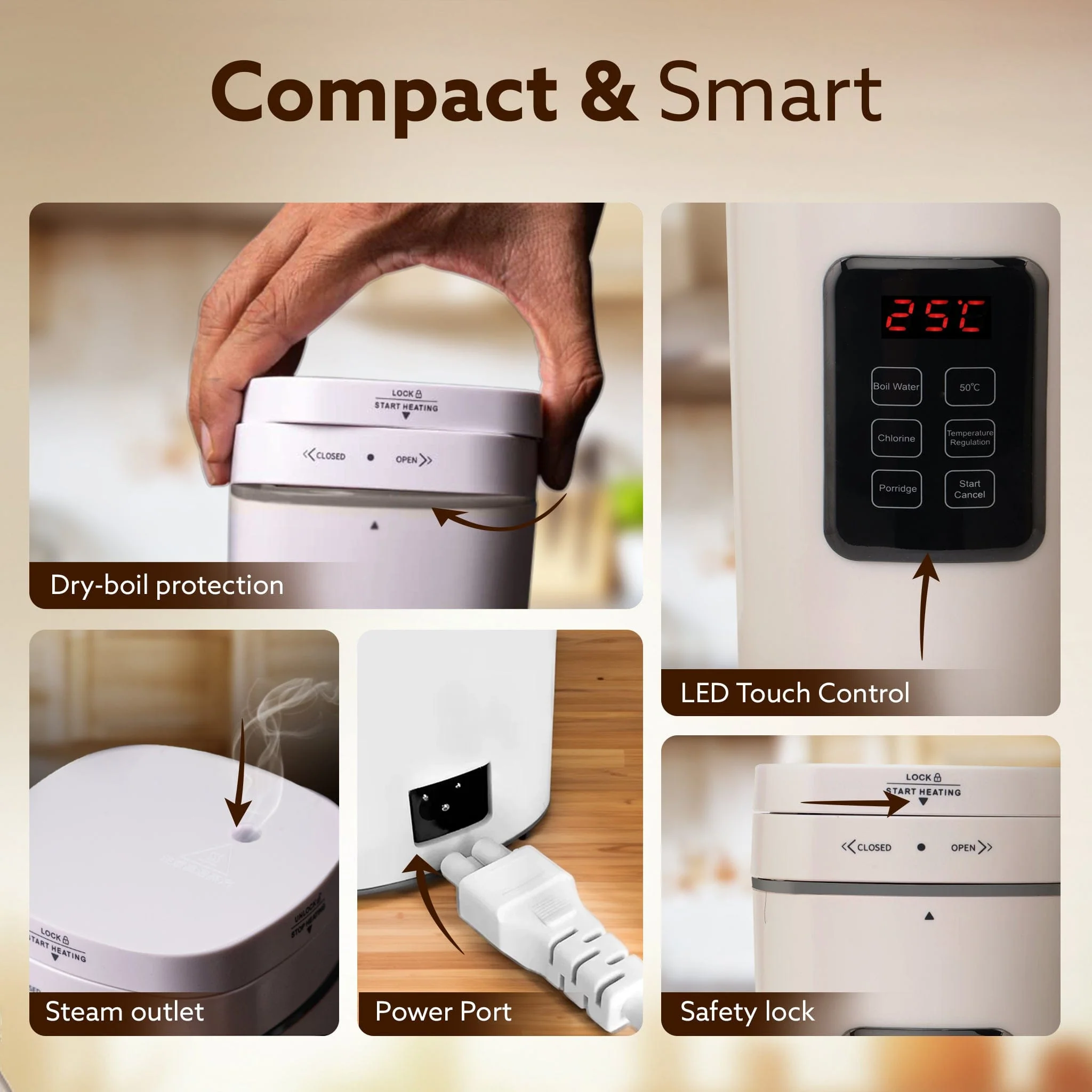 Delite Portable Electric Kettle, 500 Ml, Fast Boiling, Adjustable Temperature, Keep Warm, Porridge, Double Layered Body, Travel Electric Kettle, Hot Water, White - Image 3