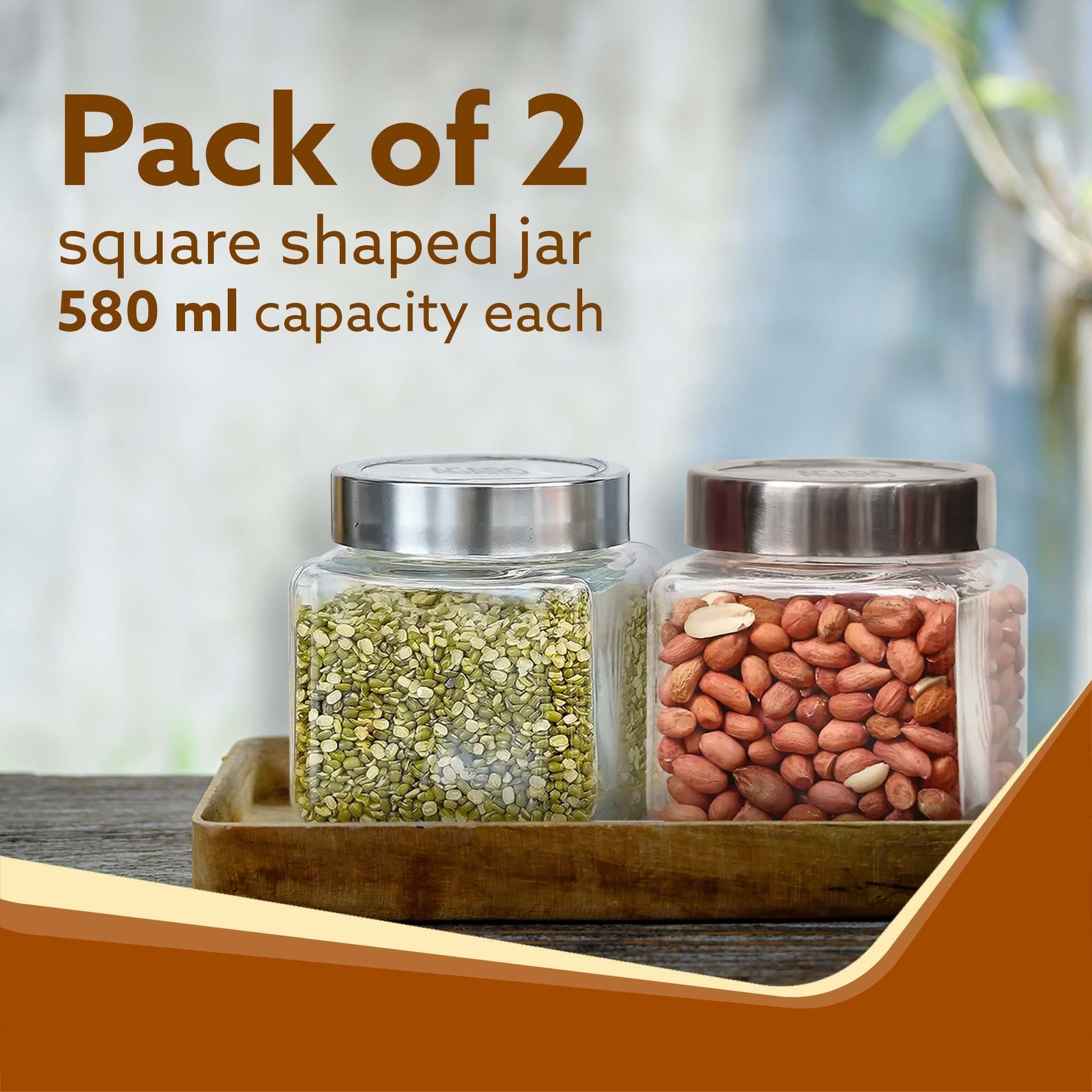Elegant Cube Jar 580 ml, Square Shaped, Transparent Lid With Steel Finish, Storage Glass Container, Transparent, Kitchen Organiser, Multipurpose Jar, Pack of 2 - Image 2
