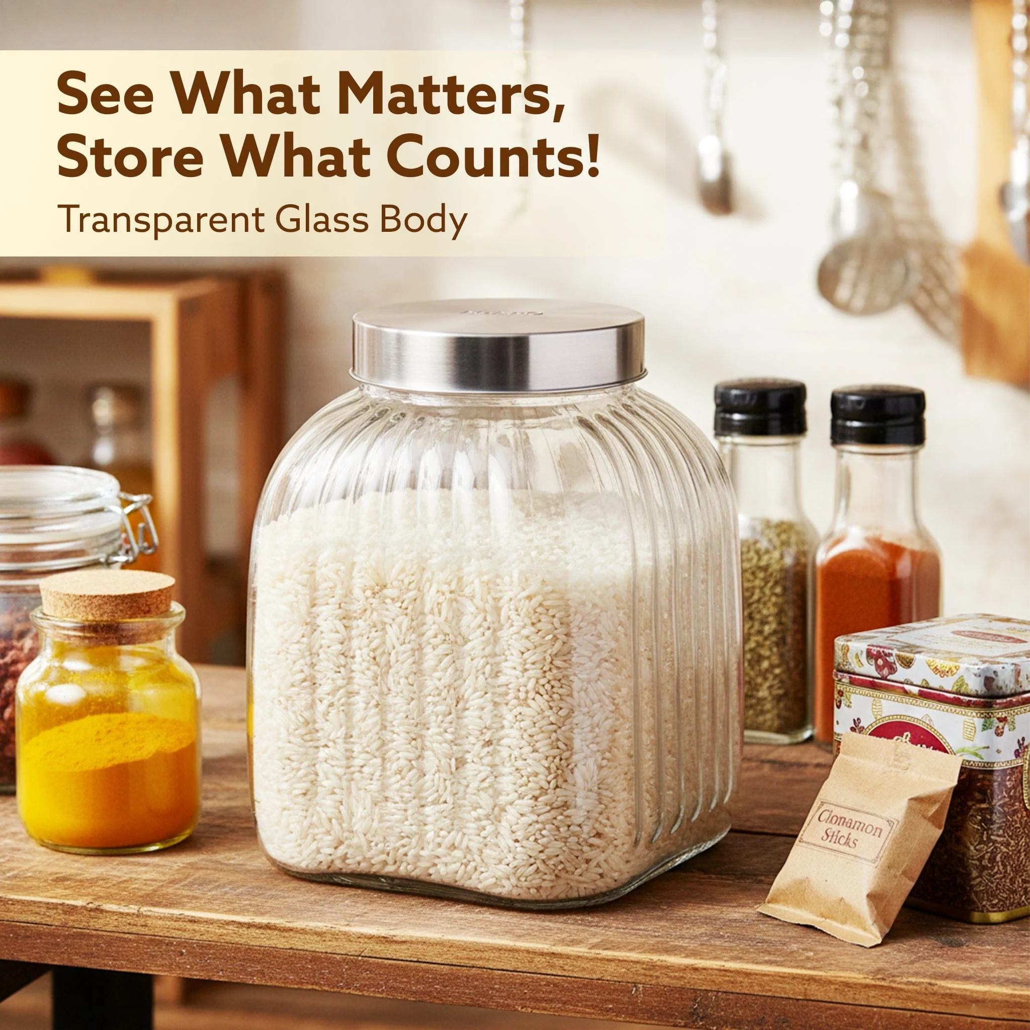 Elegant Glass Jar 3500 ml, Round Shaped, Steel Lid, Storage Glass Container, Transparent, Kitchen Organiser, Multipurpose Jar - Image 2