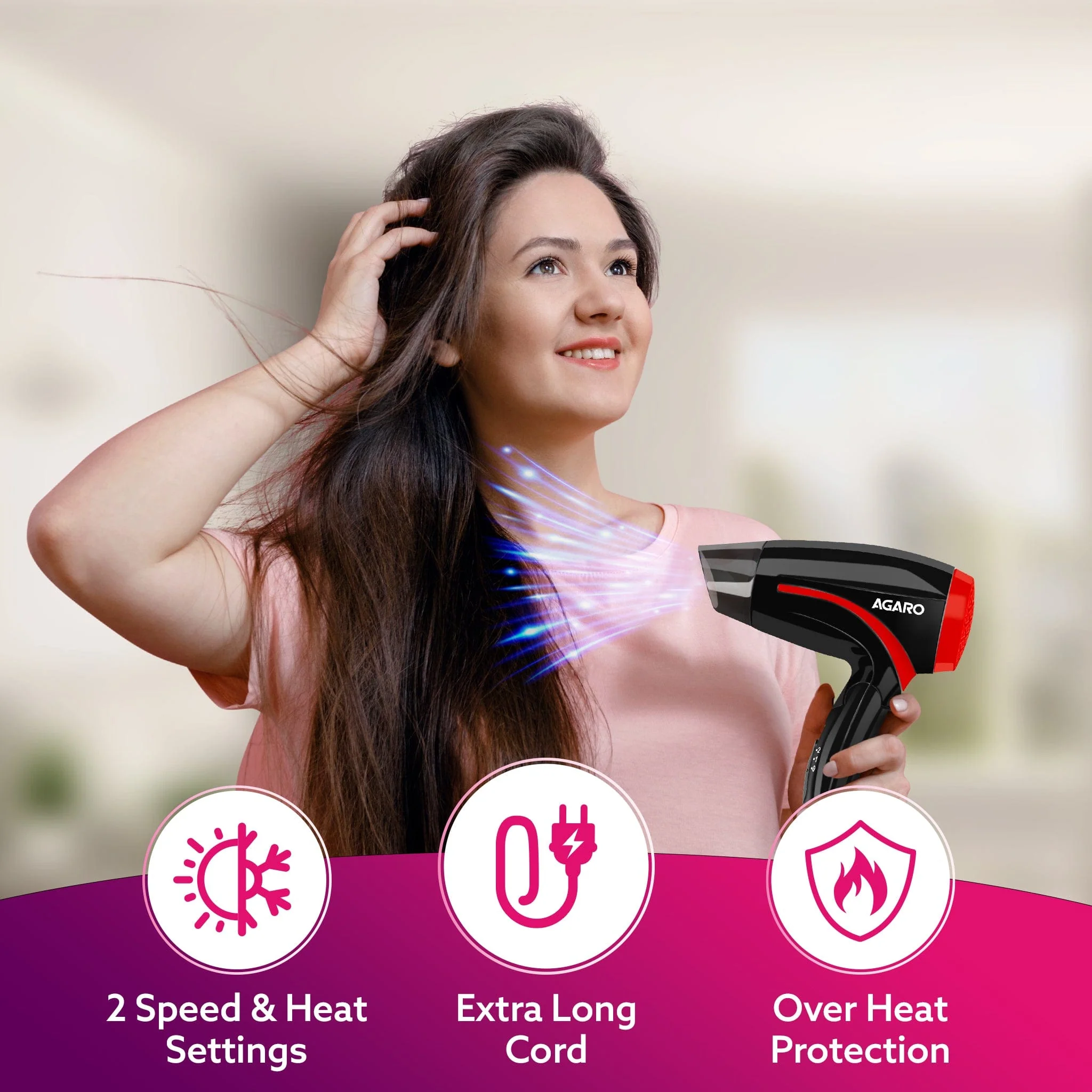 HD1177 Hair Dryer with 1000 Watts Copper Motor, 2 Speed & Temperature Settings, Foldable Handle, For both Men & Women, Black & Red - Image 2