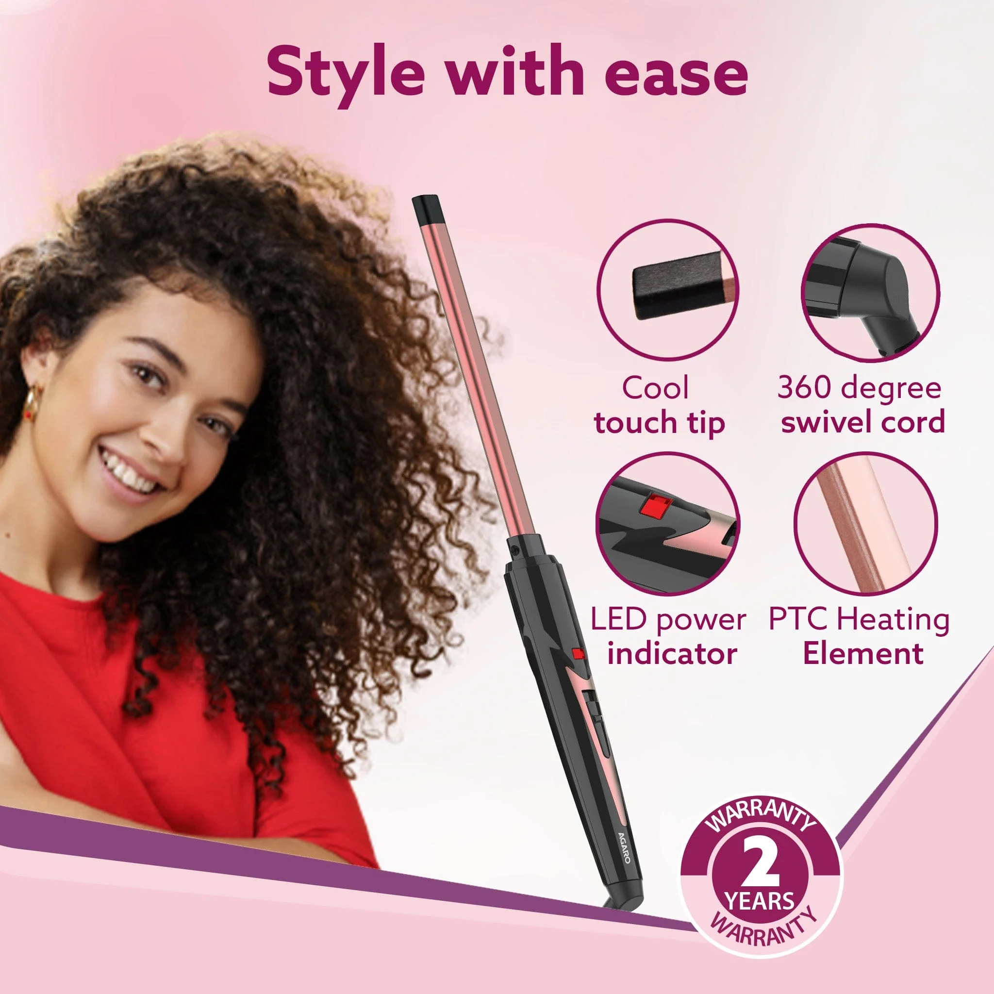 Rectangular Chopstick Curler HC9017, With 7 MM Barrel, Rod, Tong, Chopstick Rectangular Hair Curler, Ceramic Coated Plates, Cool Touch Tip, Fast Heating, For Men Women, Maggie Curl, Styling (HC9017, Rose Gold & Black) - Image 6