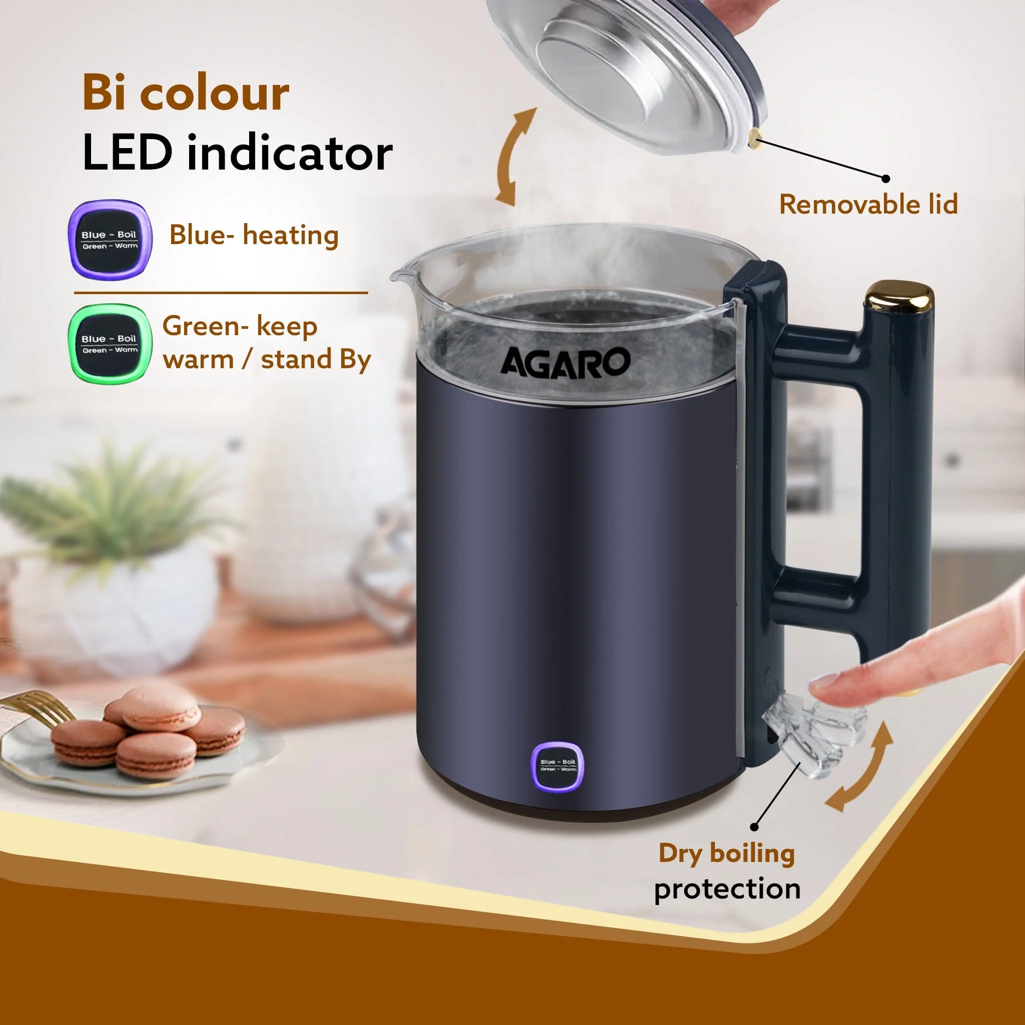Regal Electric Kettle with Keep Warm Function, Stainless Steel & Glass body, Double Wall Design, Hot Water Kettle with Auto Shut - Off and Boil Dry Protection, Black - Image 4