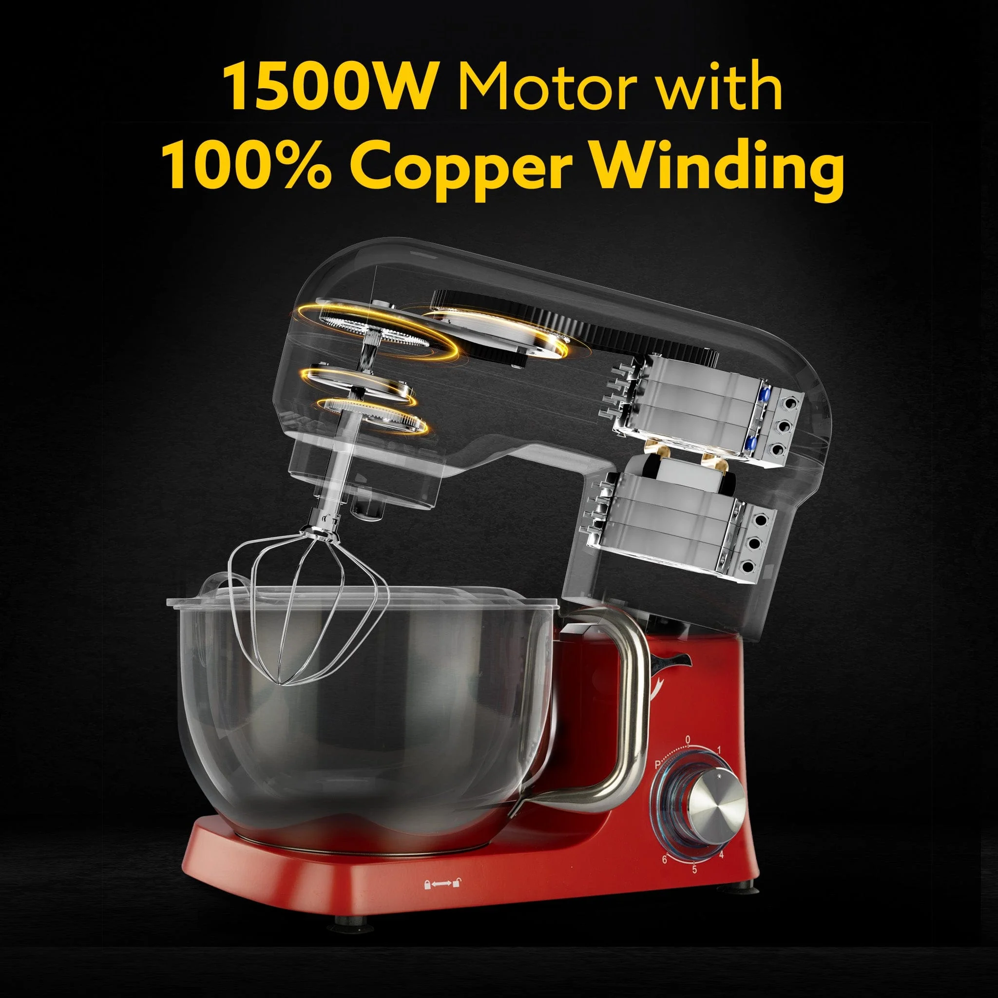 Supreme Stand Mixer 1500W with 6.2L SS Bowl, 6 Speed Setting, Pulse Function, Die Cast Aluminium Body, Pure Copper Motor, Whisking Cone, Mixing Beater & Dough Hook, Transparent Bowl Cover,  Red - Image 4