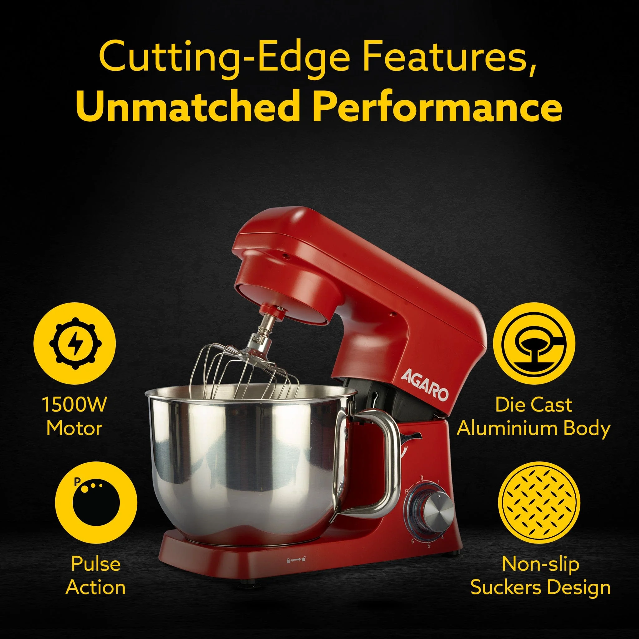 Supreme Stand Mixer 1500W with 6.2L SS Bowl, 6 Speed Setting, Pulse Function, Die Cast Aluminium Body, Pure Copper Motor, Whisking Cone, Mixing Beater & Dough Hook, Transparent Bowl Cover,  Red - Image 5