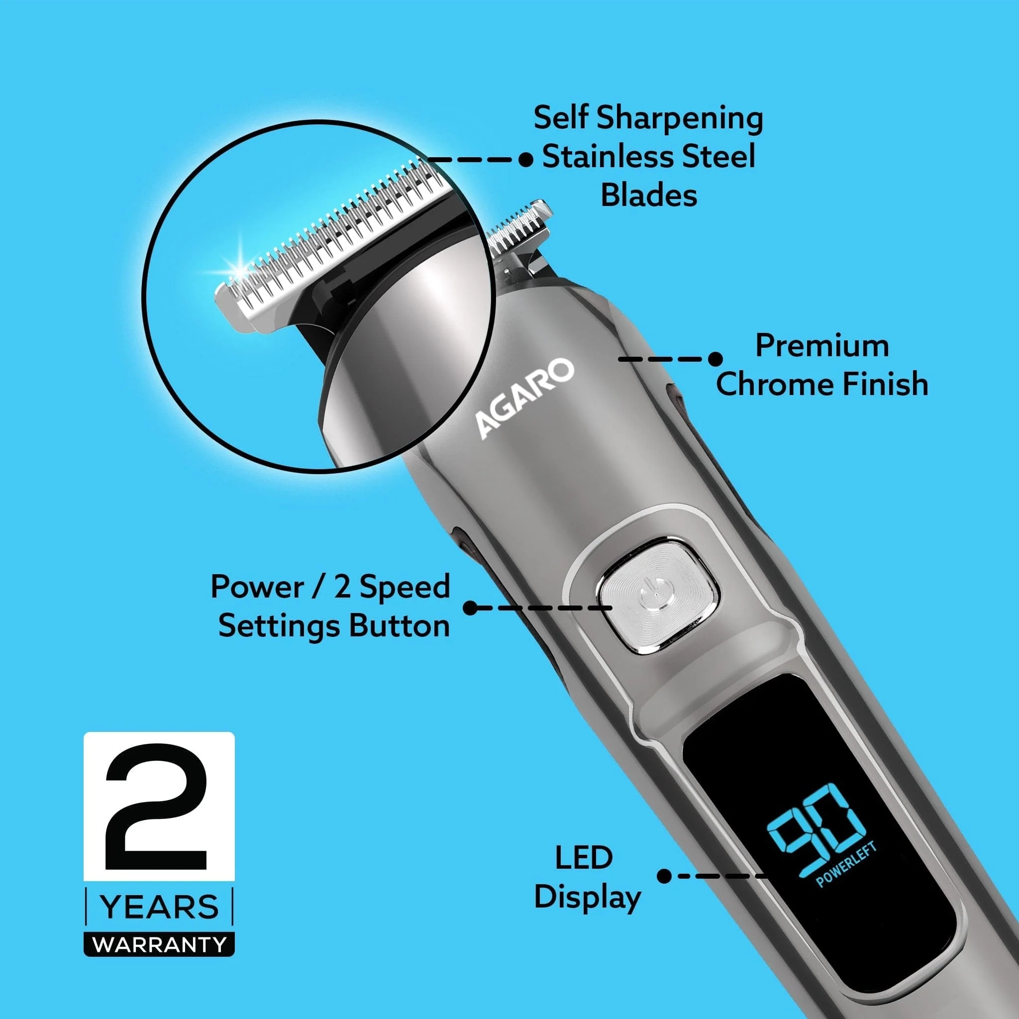 Cosmo Beard Trimmer For Men, Hair Trimming, High Precision Trimmer, Cordless, 4 Length Setting combs,  Self Sharpening Stainless Steel Blades, 2 Speed,  Rechargeable, Digital Display, Silver - Image 3