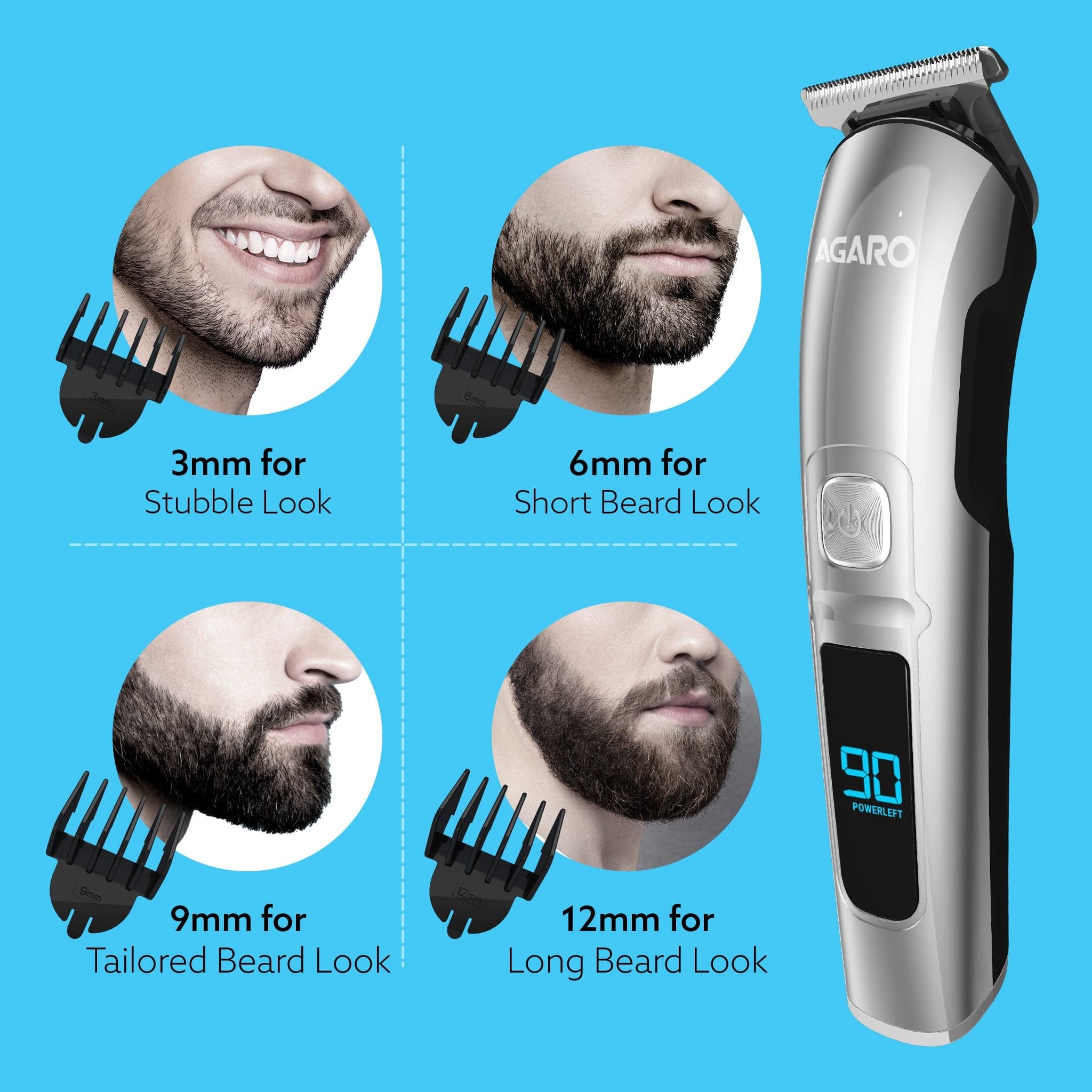 Cosmo Beard Trimmer For Men, Hair Trimming, High Precision Trimmer, Cordless, 4 Length Setting combs,  Self Sharpening Stainless Steel Blades, 2 Speed,  Rechargeable, Digital Display, Silver - Image 4