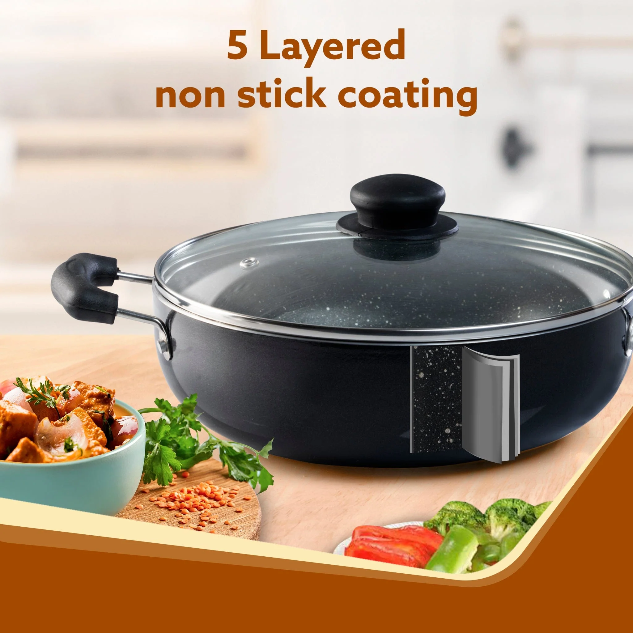 Elegant Non Stick Kadai with Glass Lid, 2.5L Capacity, 24 cm Diameter, Induction & Gas Oven Friendly, 3mm Thick, Riveted Cool Touch Handle, Granite Finish,  PFOA Free, Cooking, Frying, Serving, cookware, Black - Image 3