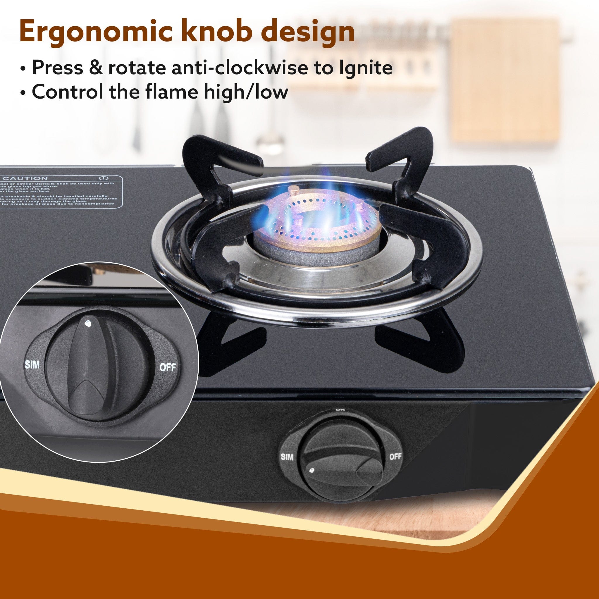 Elite 2 Burners Gas Stove, Toughened Glass Top, Round Brass Burners, 1 Small & 1 Medium Size Burner, Spill Proof Fixed Drip Tray, Manual Ignition, Kitchen Use, Regular Cooking Use, Black - Image 5