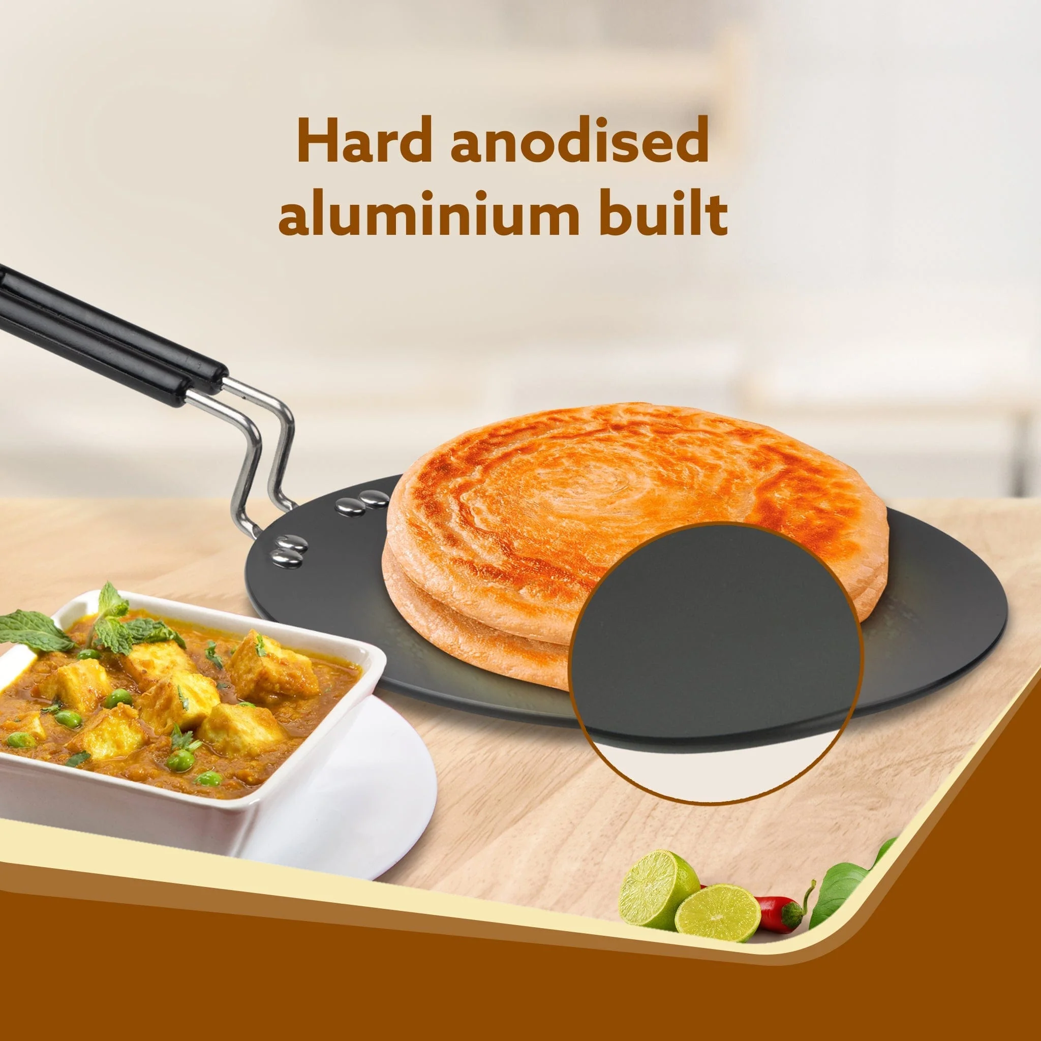 Elite Hard Anodised Tawa, 28 cm diameter, Riveted handle, 3 mm thick plate, Gas & Induction Oven Compatible, Cooking, Cookware, Black - Image 3