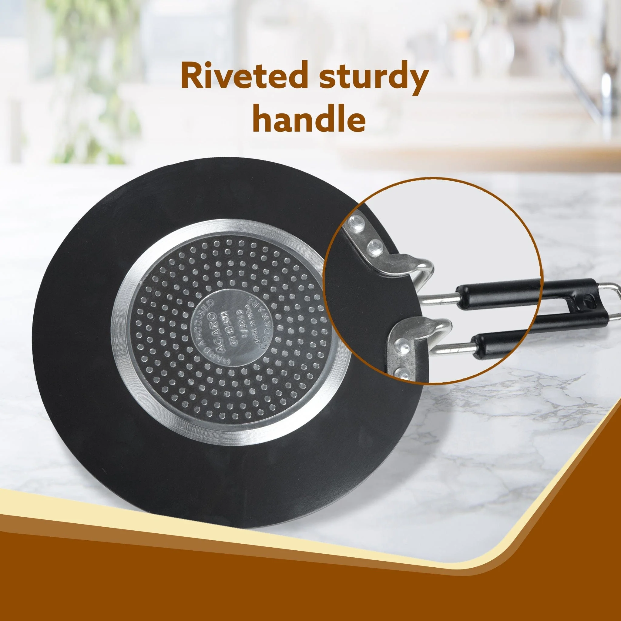 Elite Hard Anodised Tawa, 28 cm diameter, Riveted handle, 3 mm thick plate, Gas & Induction Oven Compatible, Cooking, Cookware, Black - Image 4