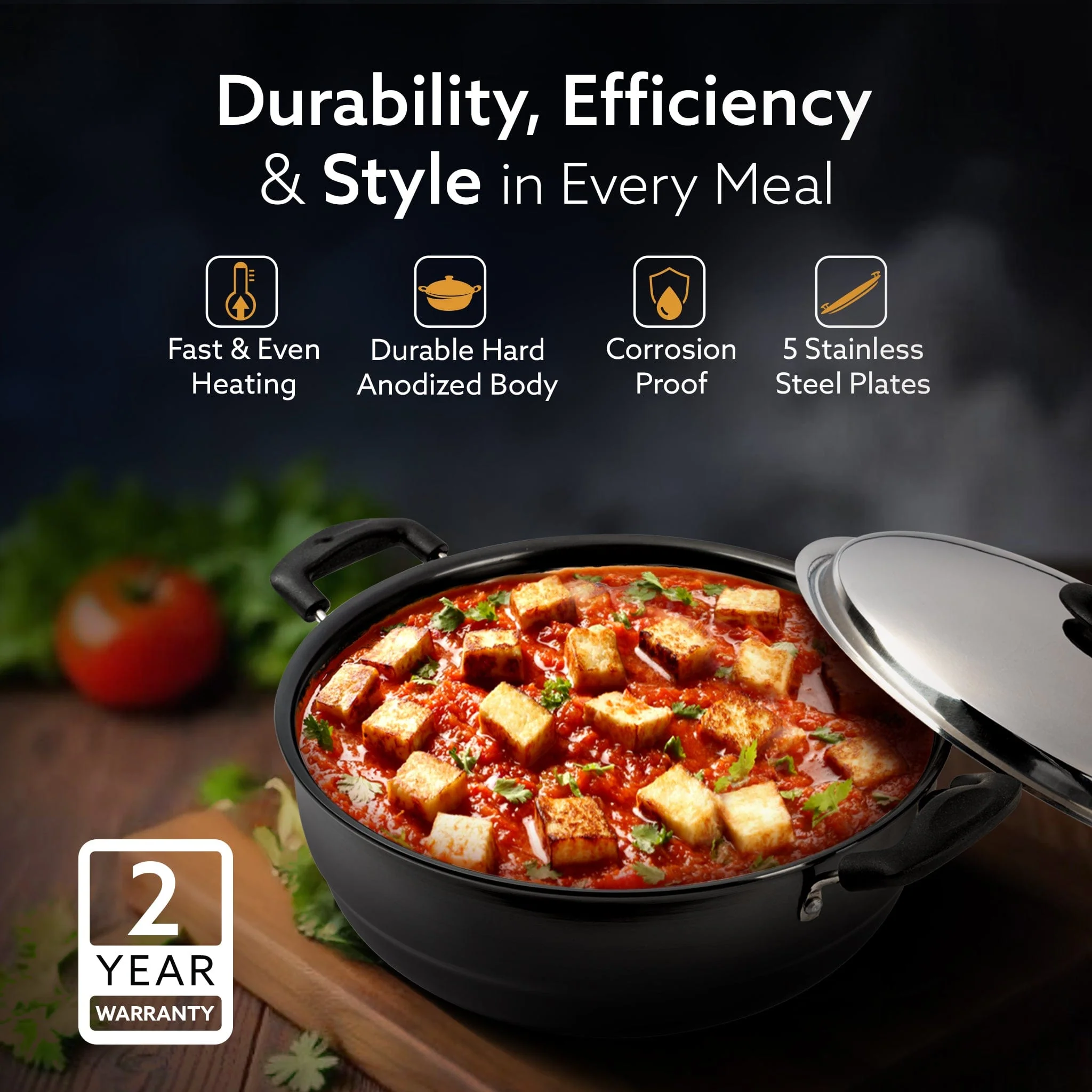 Elite Hard Anodised Multi Kadhai with Stainless Steel Lid, 5L, Gas Compatible, 3mm Thick Body, Riveted Handle - Image 2