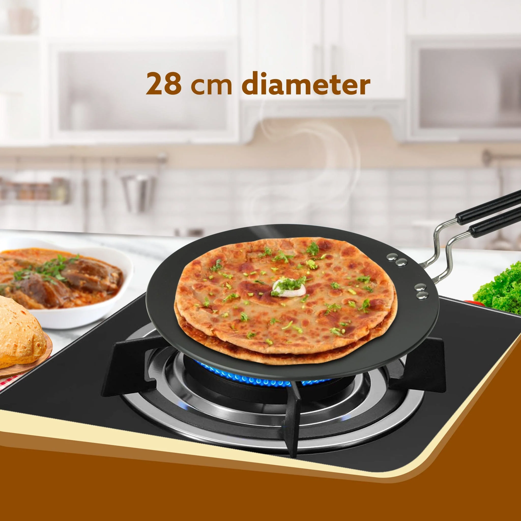 Elite Hard Anodised Tawa, 28cm  diameter, Riveted handle, 3 mm thick plate, Gas Oven Compatible, Cooking, Cookware, Black - Image 2