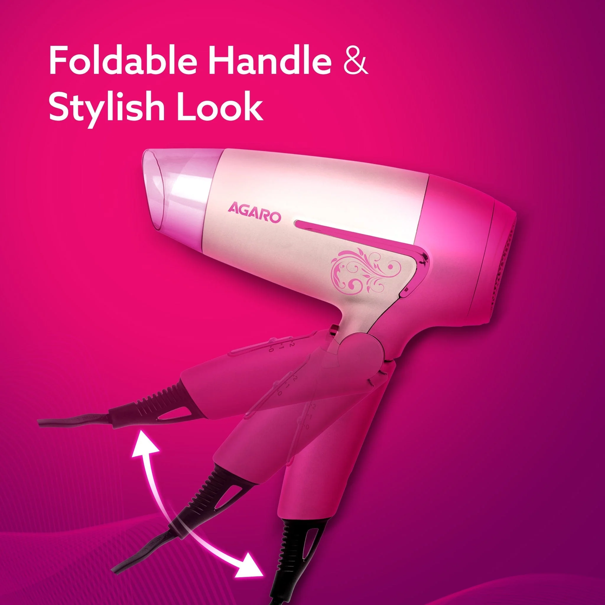 HD1179 Hair Dryer, 1600W, 2 Speed & 3 Heat Settings, Cool Shot, Foldable Handle, for Men & Women, Pink - Image 12