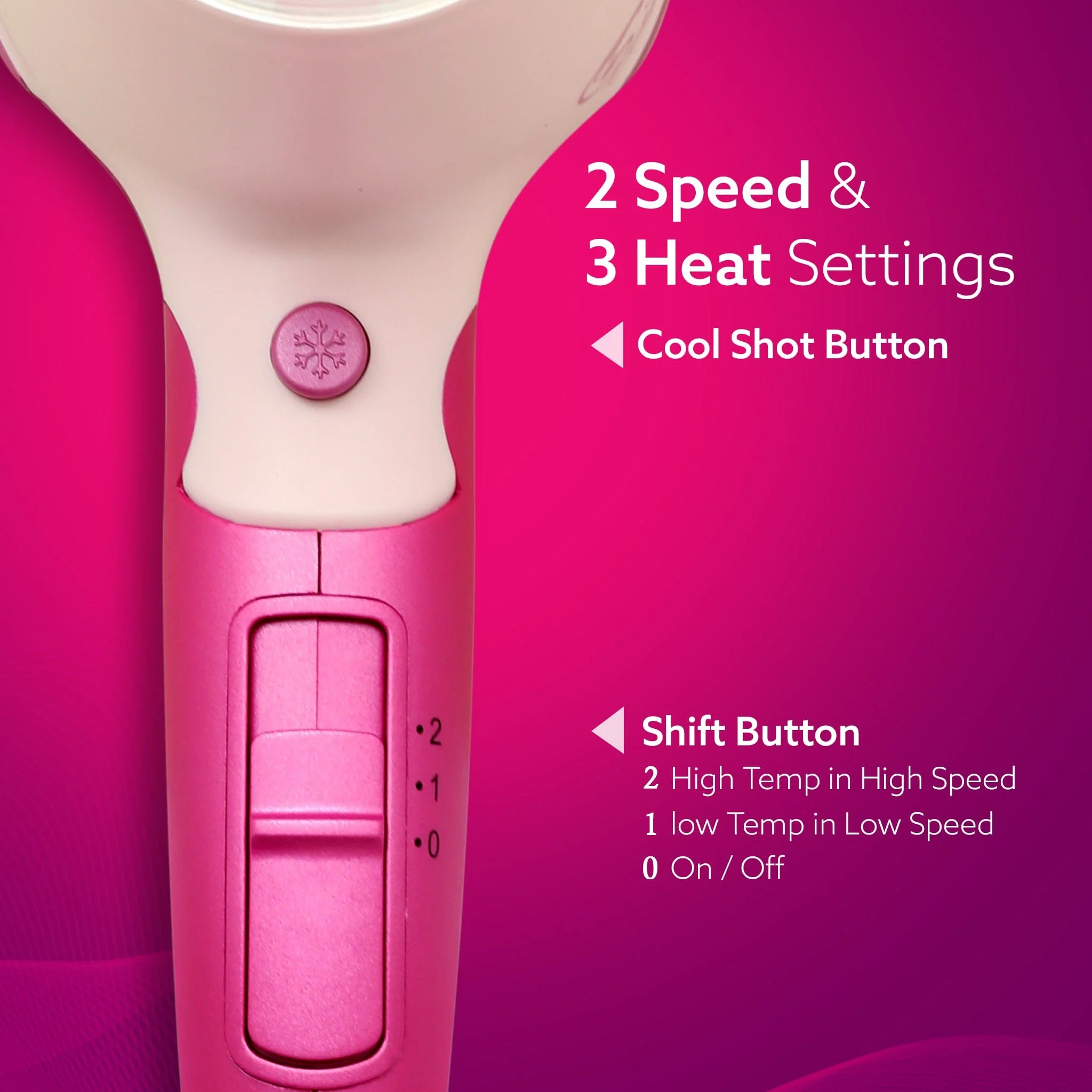 HD1179 Hair Dryer, 1600W, 2 Speed & 3 Heat Settings, Cool Shot, Foldable Handle, for Men & Women, Pink - Image 3