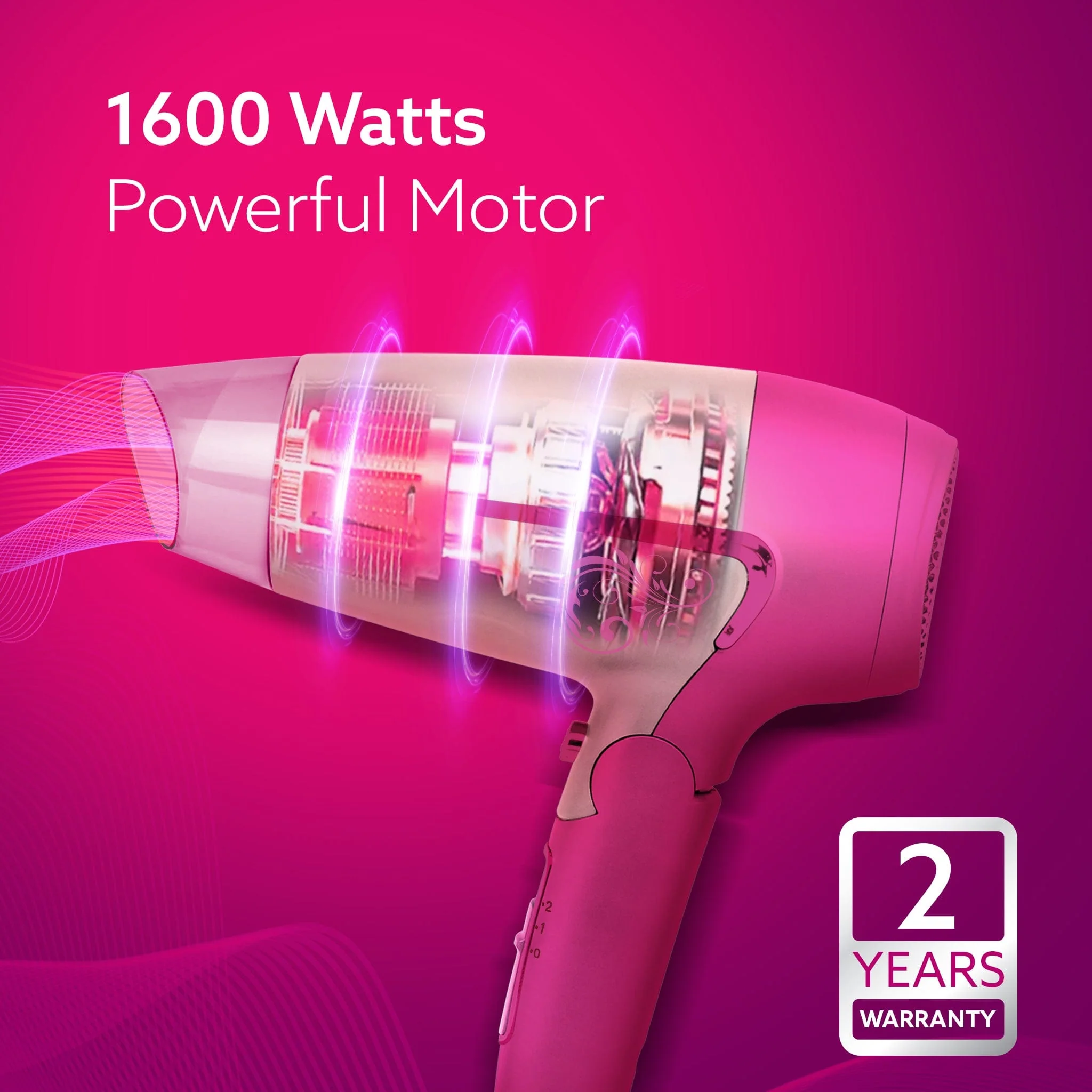 HD1179 Hair Dryer, 1600W, 2 Speed & 3 Heat Settings, Cool Shot, Foldable Handle, for Men & Women, Pink - Image 4