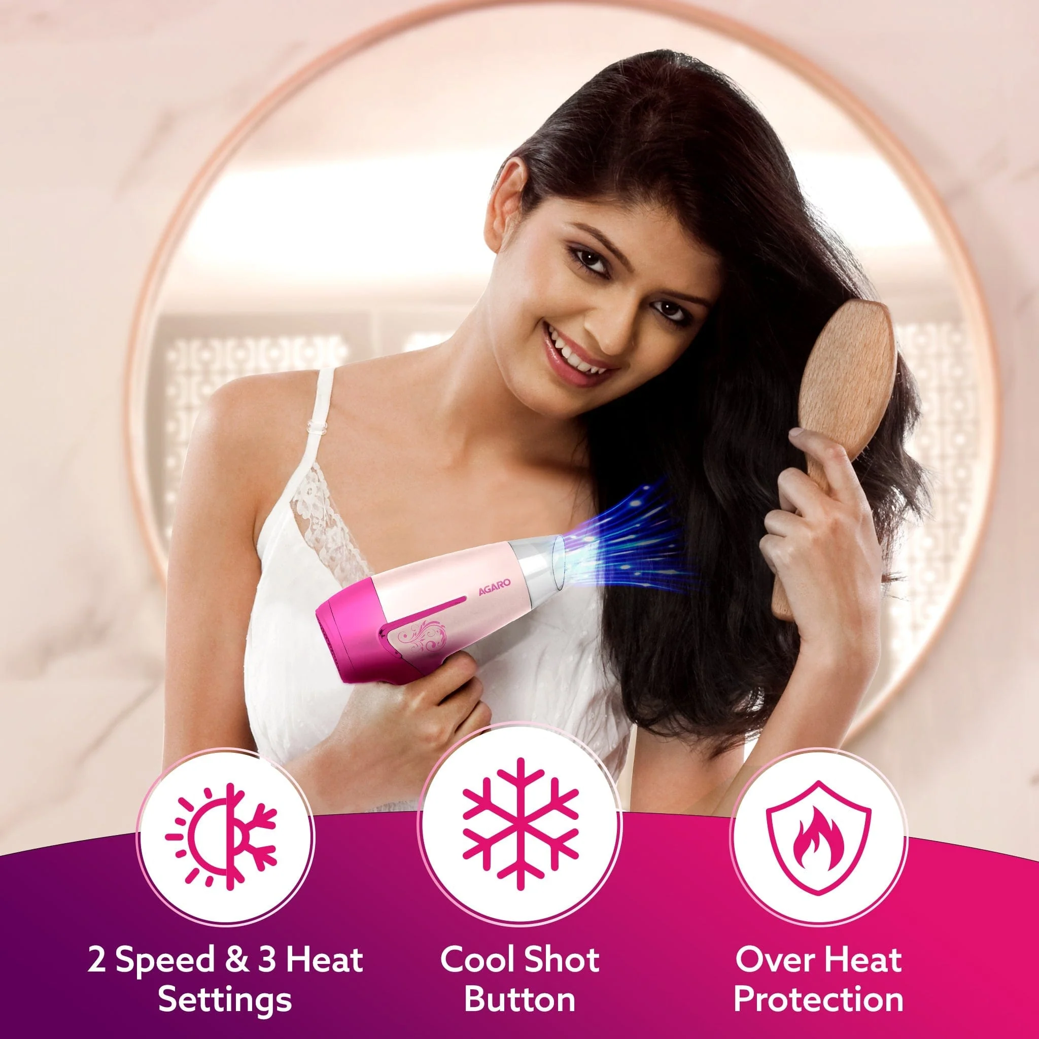 HD1179 Hair Dryer, 1600W, 2 Speed & 3 Heat Settings, Cool Shot, Foldable Handle, for Men & Women, Pink - Image 8