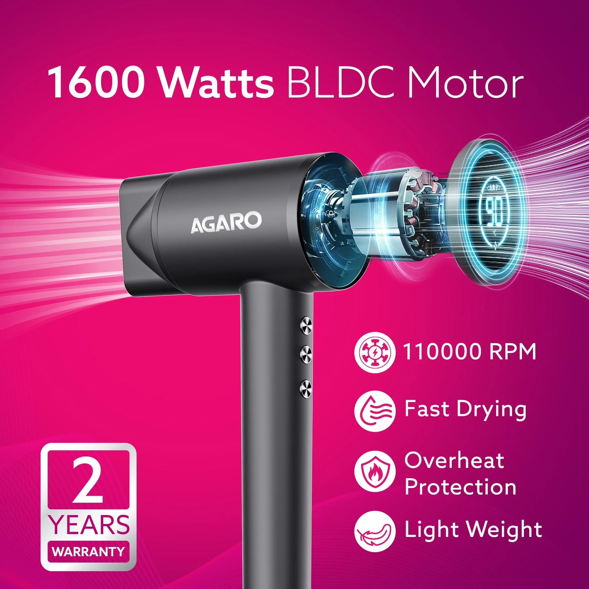 HD3240 Hair Dryer, Brushless 1600W Motor, 3 Speed & 4 temperature settings, Ionic Technology, Fast Drying High-Speed Low Noise Hairdryer with Magnetic Nozzle & Diffuser - Image 3