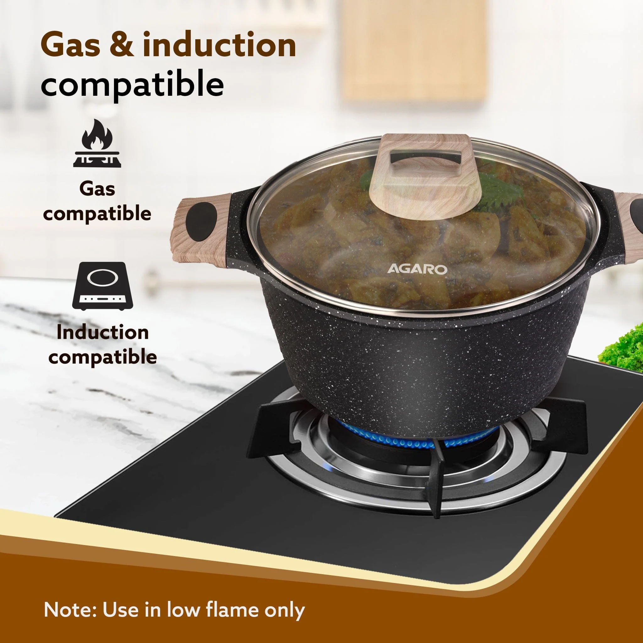 Imperial Granite Non Stick Cookware Set, 4pcs Cookware Set, 24cm &16cm Sauce pan with Lid, 28cm Deep Fry Pan with Lid, Cast Aluminium, Gas & Induction Compatible - Image 4