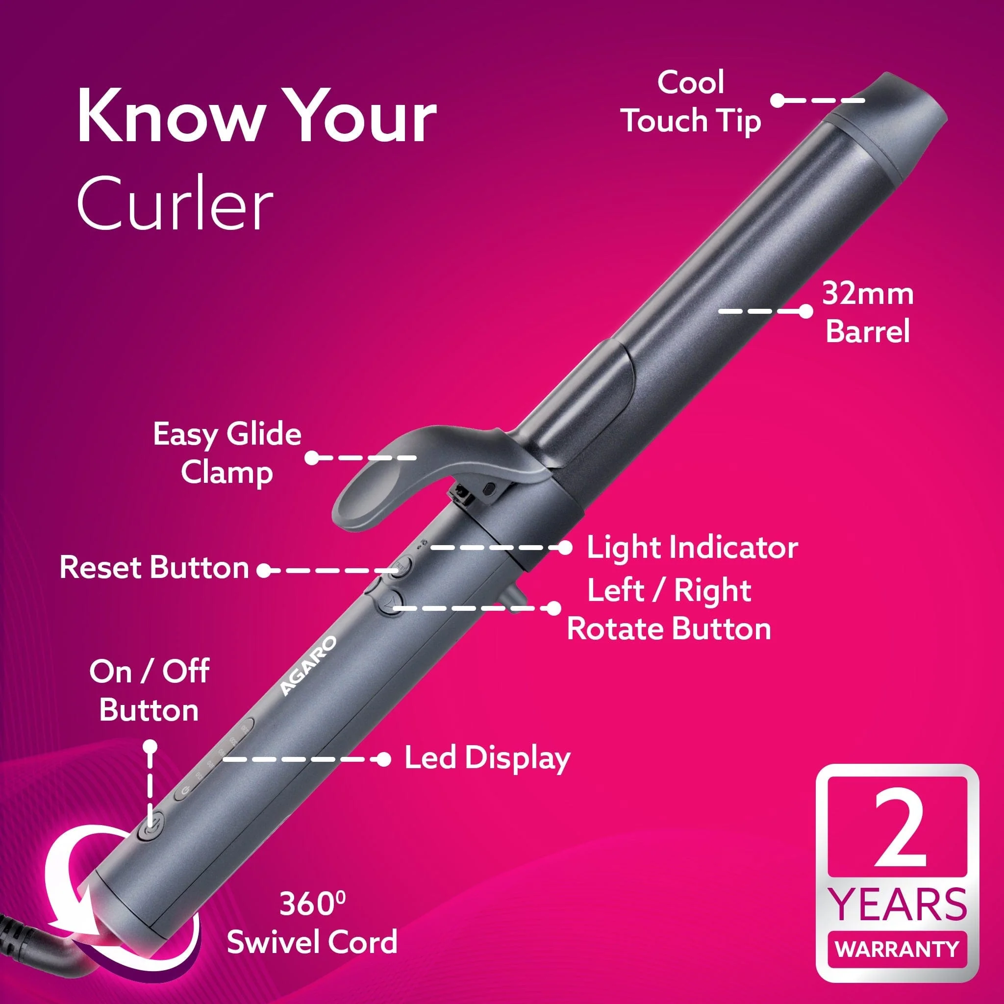 Prima Rotating Hair Curler, 32 mm Ceramic coated barrel, Automatic Curling, Fast Heating, Ceramic Coated Titanium Barrel for Long/Medium Hair, Professional Self Curling Hair Styler, For Women, Black - Image 5
