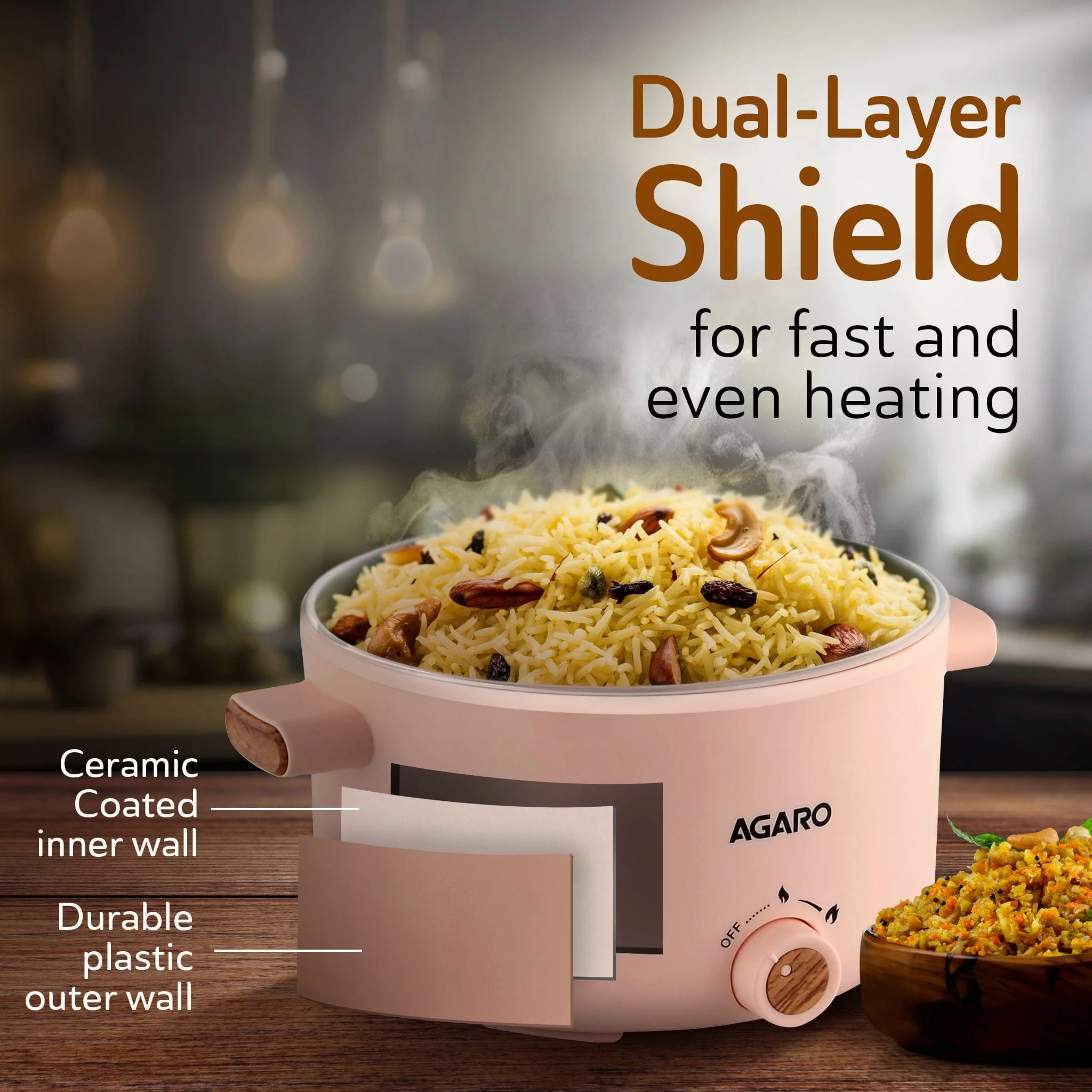 Primo Multi Function Pot 2L, Double Layered Body, Ceramic Coated Inner Pot, Variable Temperature Settings, Wide Mouth, Transparent Lid,  Cooking, Boiling, Steaming,  Egg, Vegetable - Image 3