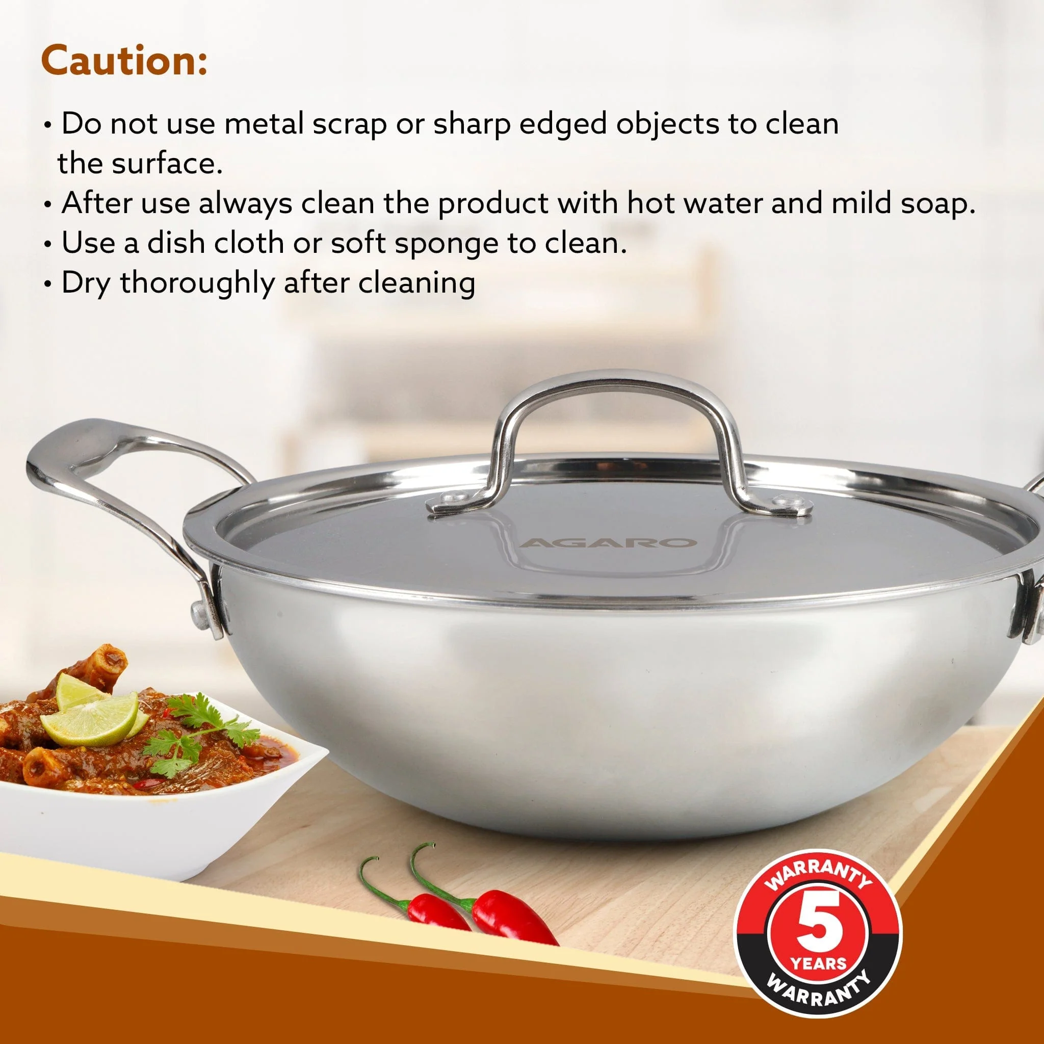 Regency Tri-Ply Steel Kadai, 2.75L Capacity, 26 cm Diameter, Stainless Steel, Riveted  Handle, Food Safe, Gas Oven and Induction Oven Compatible, Cooking, Frying, Serving, Silver - Image 6