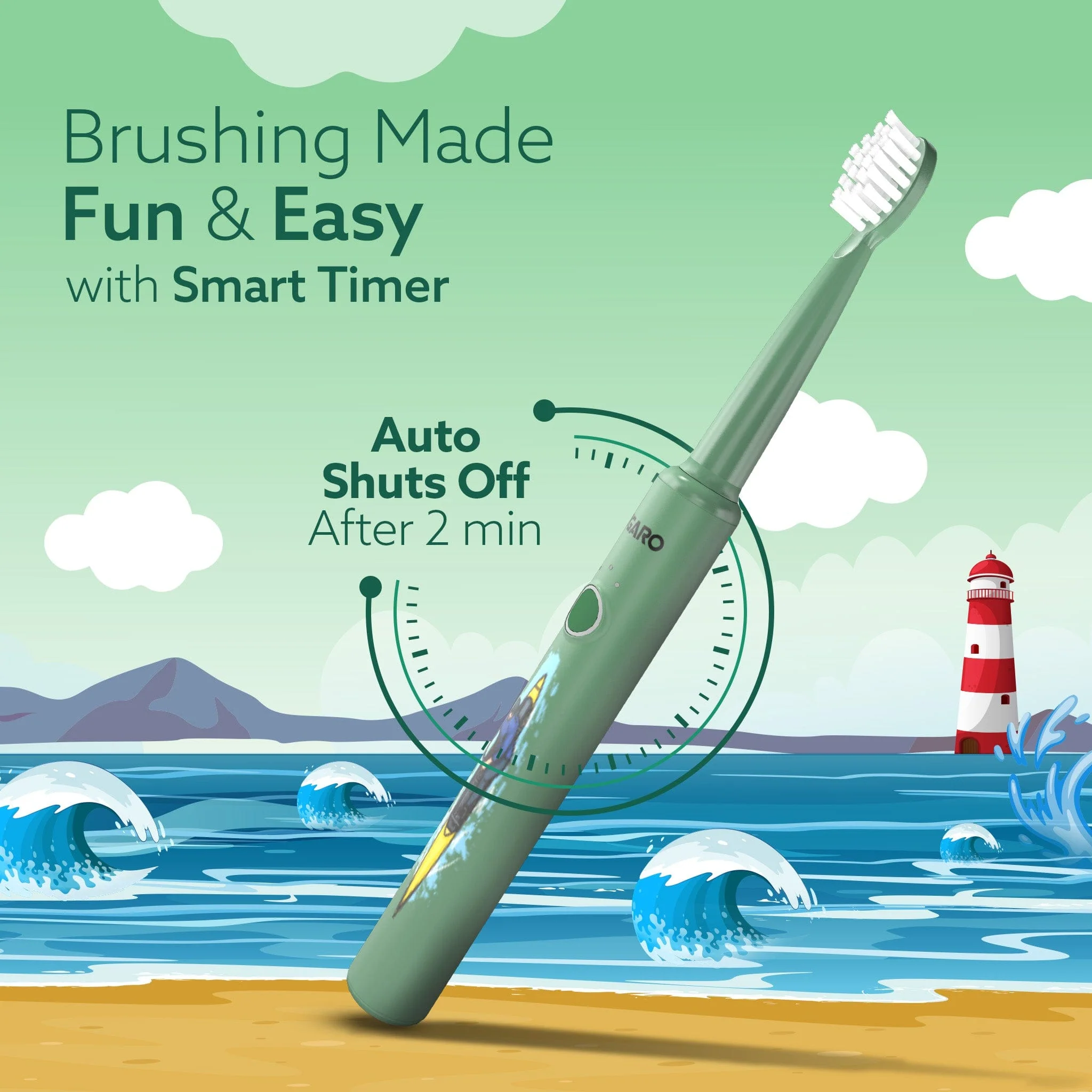 REX Lite Sonic Electric Kids Toothbrush with 3 Brushing Modes, 19000 Strokes per minute, Dupont Soft Nylon Bristles, Rechargeable Battery, Power Tooth Brush, Repleacble Heads, Green, 1 Count - Image 4