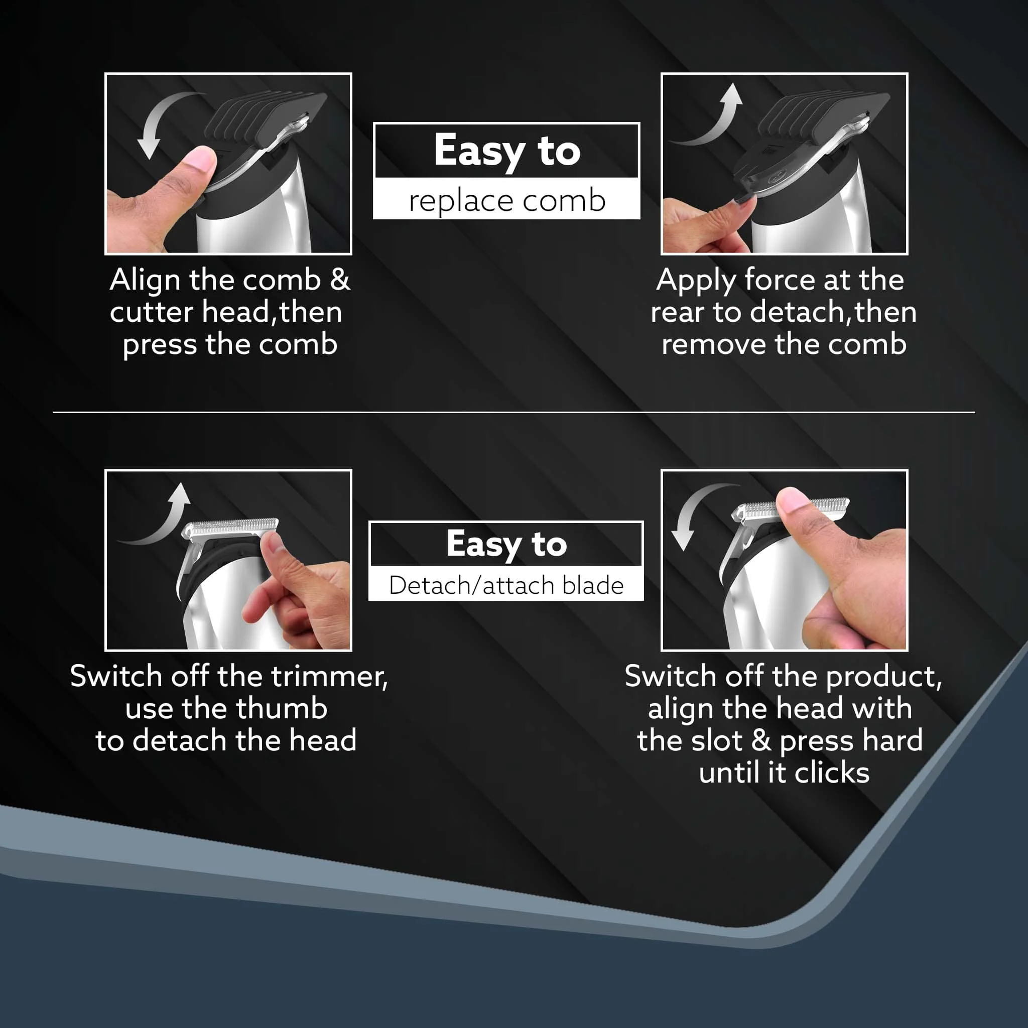 Royal Beard Trimmer For Men, Hair Trimming, High Precision Trimmer, Cordless, 4 Length Setting Combs, Self Sharpening Stainless Steel Blade, Metal Body, Fast Charging, 120 Minutes Usage, Silver - Image 7