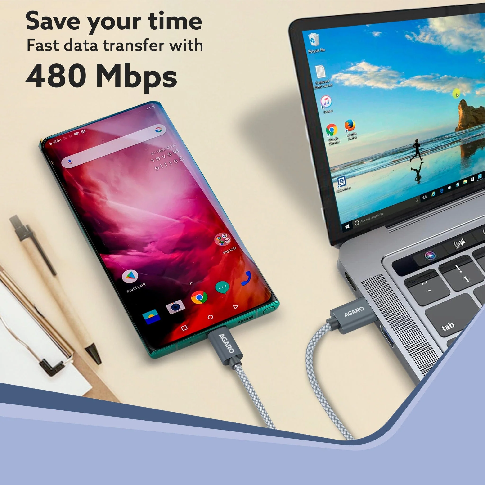 USB-A to Type C Cable, Nylon Braided Cable, 65W, 6A Fast Charging, Compatible with All Type C Devices Including Smartphones, Tablets, etc, PD Technology, 1 M (3.2Ft), 480 Mbps Data Transmission - Image 3
